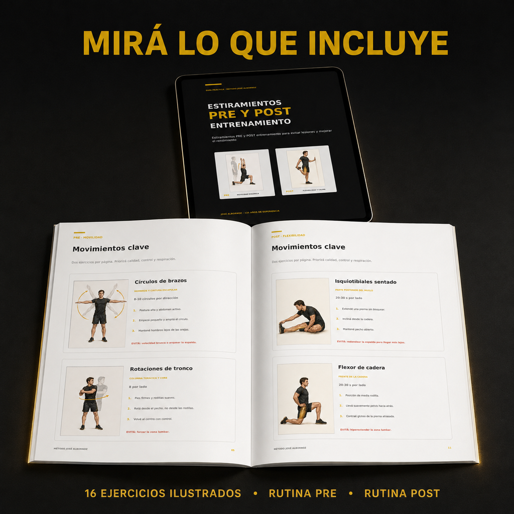 eBook | Para evitar lesiones y mejorar tu rendimiento con mi guía "Estiramientos PRE y POST Entrenamiento" — Método José Albornoz